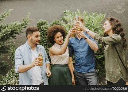 Group of friends having outdoor garden party toast with alcoholic cider drinks