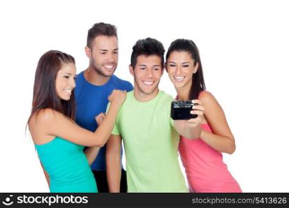 Group of friends looking a photo isolated on a white background