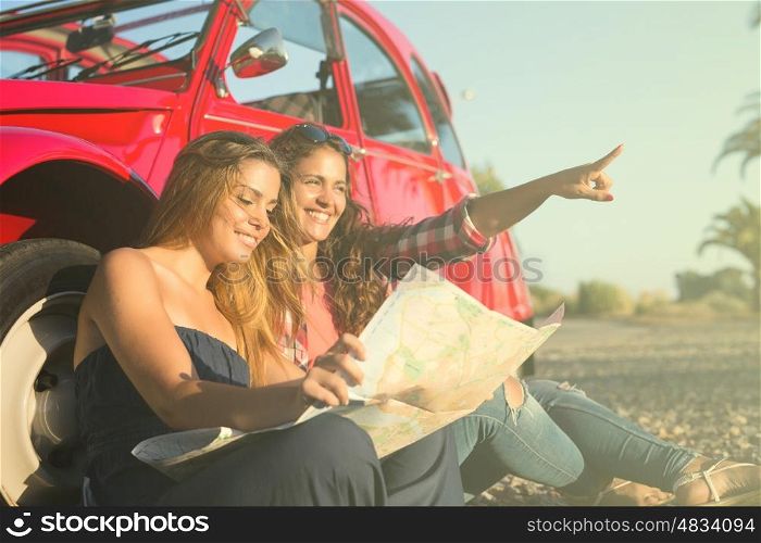 Group of friends on a roadtrip through countryside