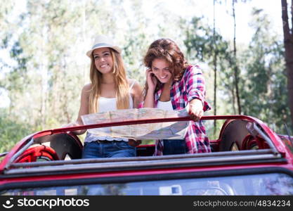 Group of friends on a roadtrip through countryside