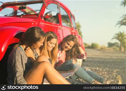 Group of friends on a roadtrip through countryside