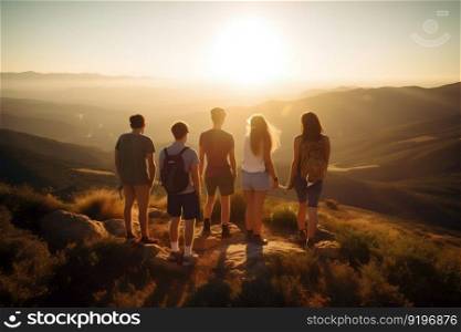 Group of Friends Seen from Behind, Standing Atop Mountain on a Summer Day Sunlight. Generative ai. High quality illustration. Group of Friends Seen from Behind, Standing Atop Mountain on a Summer Day Sunlight. Generative ai