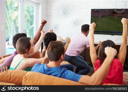 Group Of Friends Watching Soccer Celebrating Goal