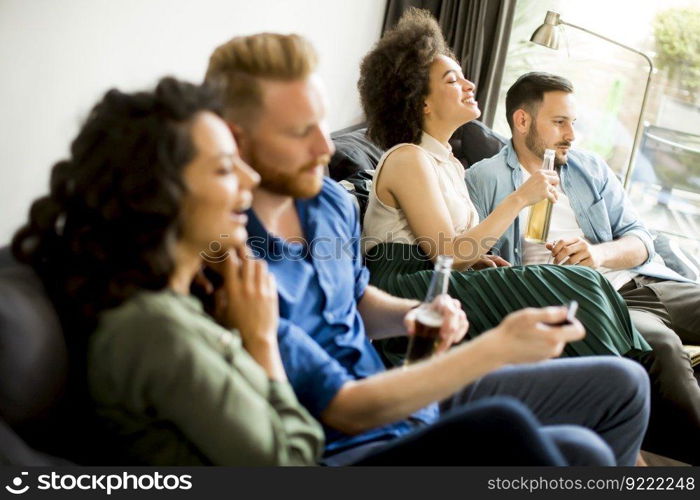 Group of friends watching TV , drinking cider and having fun in the room