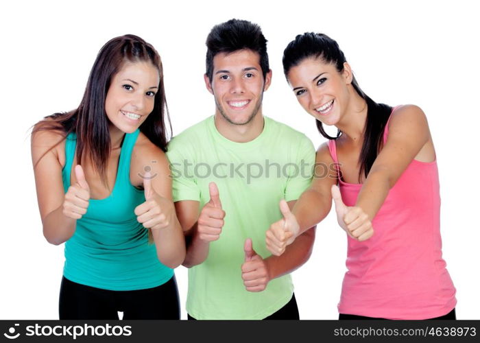 Group of friends with fitness clothes saying Ok isolated on a white background