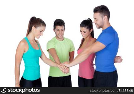 Group of friends with the hands together isolated on a white background