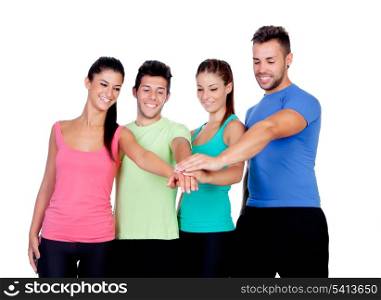 Group of friends with the hands together isolated on a white background