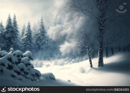 Group of frosty spruce trees in snow
