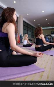 group of girl exercising yoga in fitness club