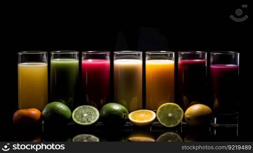 Group of glasses of fresh colored juice with fresh berries, fruits stand in row, black background. Header banner mockup with copy space. AI generated.. Group of glasses of fresh colored juice with fresh berries, fruits stand in row, black background. AI generated.