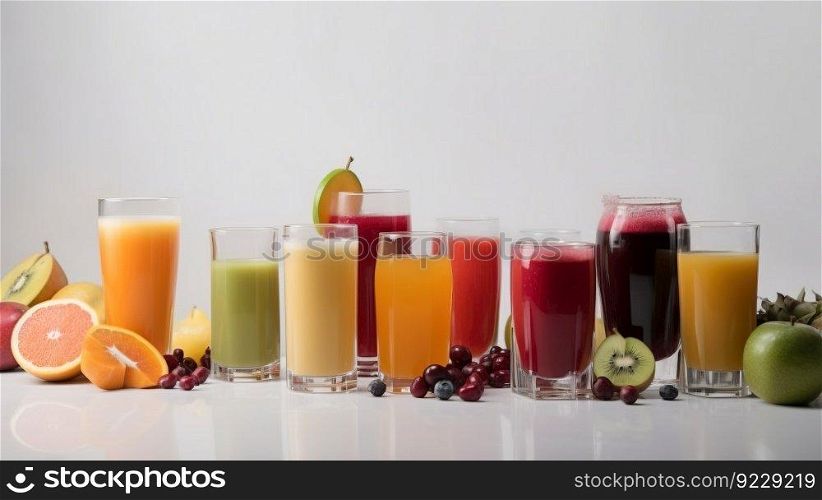 Group of glasses of fresh colored juice with fresh berries, fruits stand in row, white background. Header banner mockup with copy space. AI generated.. Group of glasses of fresh colored juice with fresh berries, fruits stand in row, white background. AI generated.