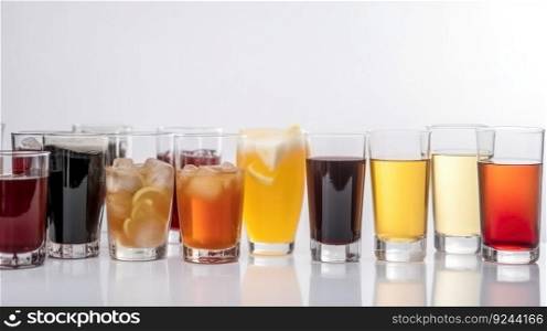 Group of glasses of fresh colored juice with fresh berries, fruits stand in row, white background. Header banner mockup with copy space. AI generated.. Group of glasses of fresh colored juice with fresh berries, fruits stand in row, white background. AI generated.