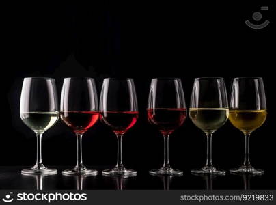 Group of glasses of wine of various varieties, black background isolate. Header banner mockup with copy space. AI generated.. Group of glasses of wine of various varieties, black background isolate. AI generated.