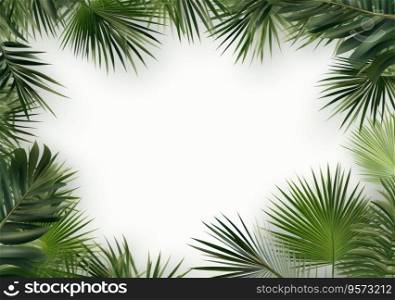 Group of green leaf frame on white. Summer palm leaves on White background