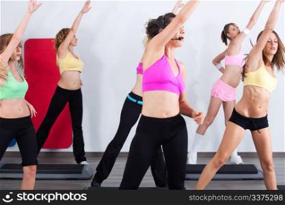 Group of gym people in an aerobics class maintaining fitness...
