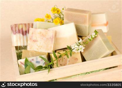 group of handmade soap in wooden box, nature material.