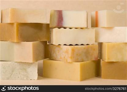 group of handmade soap with herbal material, soap stack.