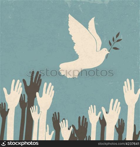 Group of hands and dove of peace. Retro illustration, EPS10