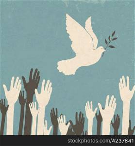 Group of hands and dove of peace. Retro illustration, EPS10