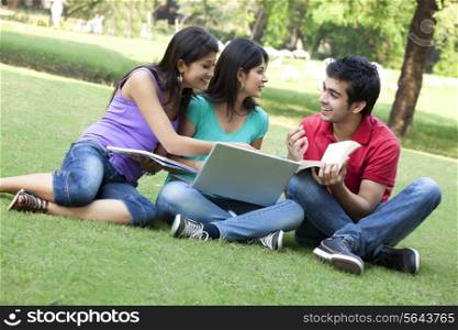 Group of happy friends sitting in lawn