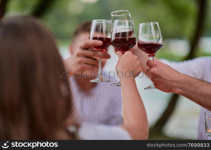 group of happy friends toasting red wine glass while having picnic french dinner party outdoor during summer holiday vacation near the river at beautiful nature