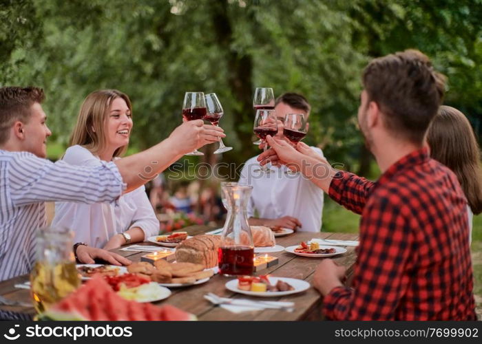 group of happy friends toasting red wine glass while having picnic french dinner party outdoor during summer holiday vacation near the river at beautiful nature