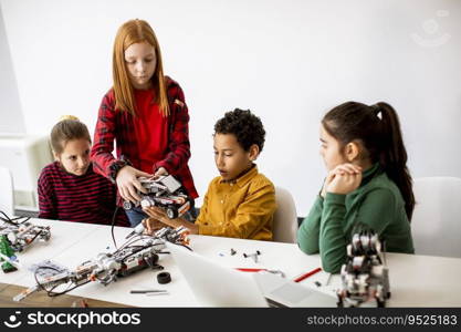 Group of happy kids programming electric toys and robots at robotics classroom