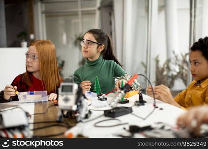 Group of happy kids programming electric toys and robots at robotics classroom