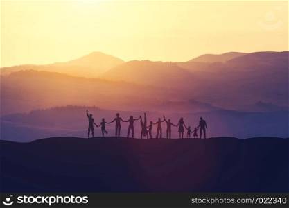 Group of happy people holding hands, standing on the hill. Unity and community concept. 3D illustration.. Group of happy people at sunset