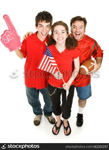 Group of happy sports fans - father, daughter, and her boyfriend - cheering for their football team. Full body isolated on white.