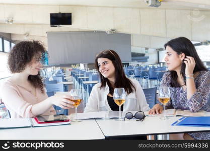 Group of happy students preparing their exams or simply relaxing at a bar