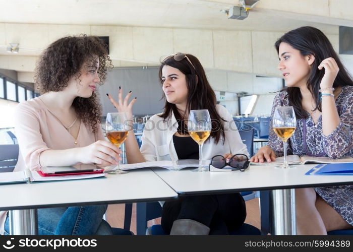 Group of happy students preparing their exams or simply relaxing at a bar