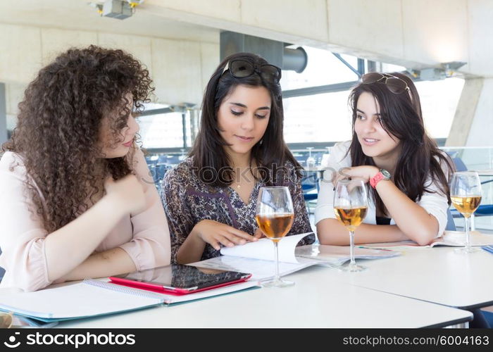 Group of happy students preparing their exams or simply relaxing at a bar