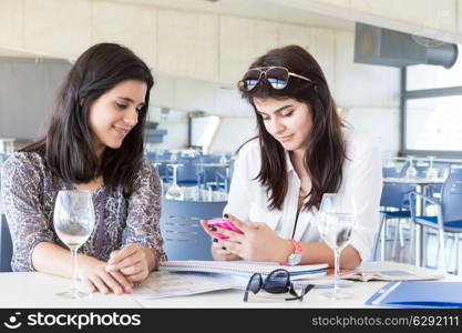 Group of happy students preparing their exams or simply relaxing at a bar