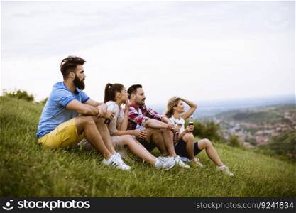 Group of happy young friends sitting on the on the grass at a hill and drinking cider