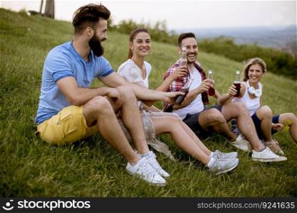 Group of happy young friends sitting on the on the grass at a hill and drinking cider
