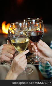 Group of happy young people drink wine at party disco restaurant