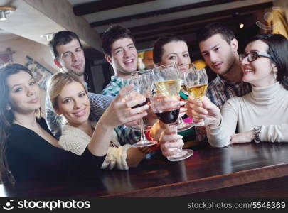 Group of happy young people drink wine at party disco restaurant