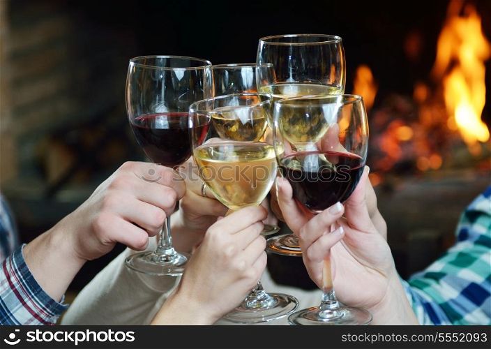 Group of happy young people drink wine at party disco restaurant