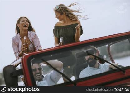 Group of happy young people enjoying road trip