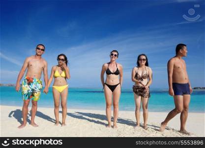 group of happy young people have fun and joy at the white sand beach on beautiful summer day
