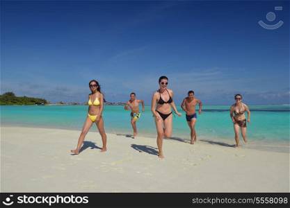 group of happy young people have fun and joy at the white sand beach on beautiful summer day