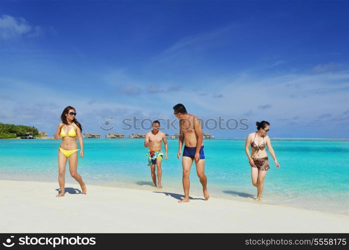 group of happy young people have fun and joy at the white sand beach on beautiful summer day