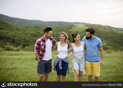 Group of happy young people walking in the summer field