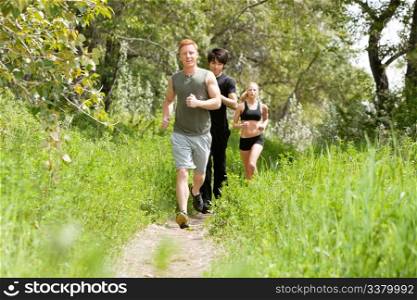 Group of healthy friends jogging in the forest