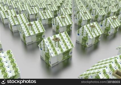 group of houses made of banknotes. Euro bill