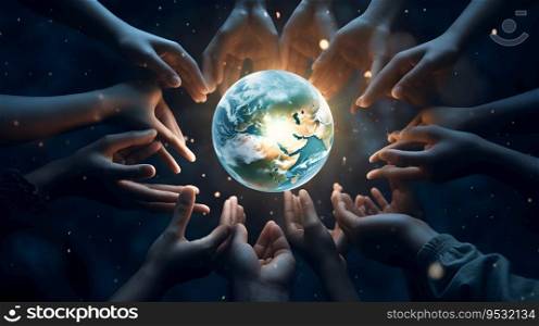 Group of human hand holding the earth globe. Earth conservation and Earth day Concept. Generative Ai.