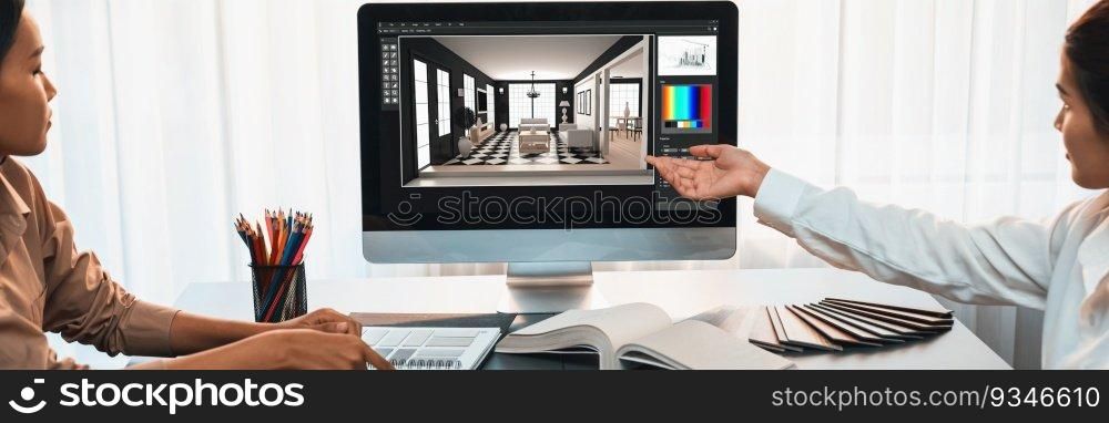 Group of interior architect designer discussing together on blueprint and laptop screen display architecture software for more precise designing layout. Modern home design and renovation. Insight. Group of interior architect designer discussing together with software. Insight