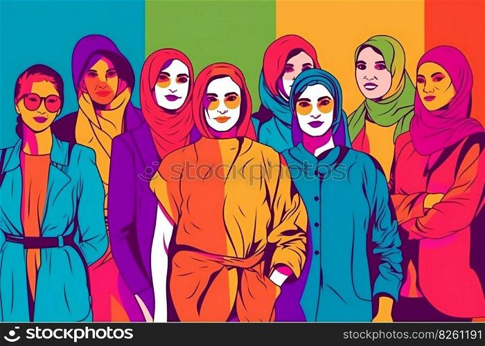 Group of Islamic woman in hijab, colorful illustration done in pop art style. Unification of people of different cultures and nationalities. AI generated illustration. Group of people. AI generated illustration
