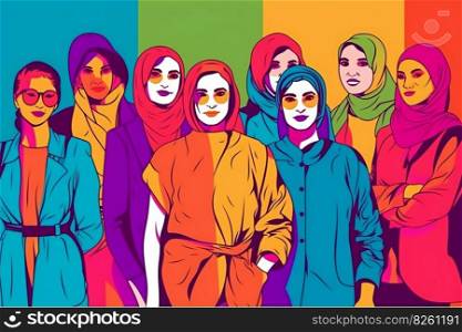Group of Islamic woman in hijab, colorful illustration done in pop art style. Unification of people of different cultures and nationalities. AI generated illustration. Group of people. AI generated illustration